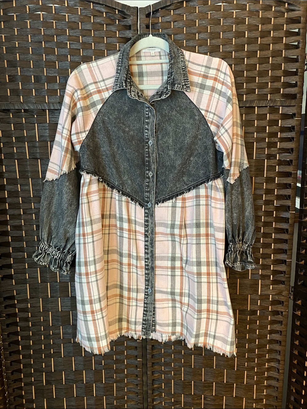 Veveret Pink Plaid Mini Shirt Dress with Washed Black Denim Yoke Size Small